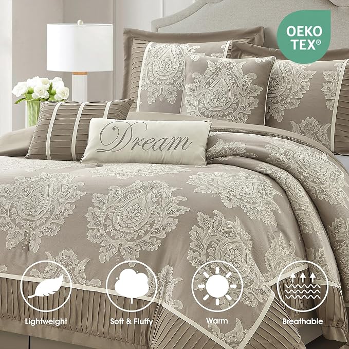 Beige Queen Comforter Set 7 Pieces, Jacquard Woven with Damask, Bedding Set in a Bag Includes Comforter, Bed Skirt, Pillow Shams, and Decorative Pillows
