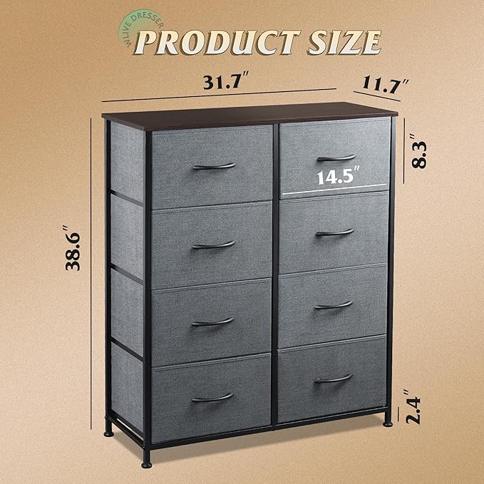 WLIVE Fabric Dresser for Bedroom, Tall Dresser with 8 Drawers, Storage Tower with Fabric Bins, Double Dressers, Chest of Drawers for Closet, Living Room, Hallway, Dark Gray | 8-drawer tall storage tower with fabric bins and wood tabletop, breathable no...