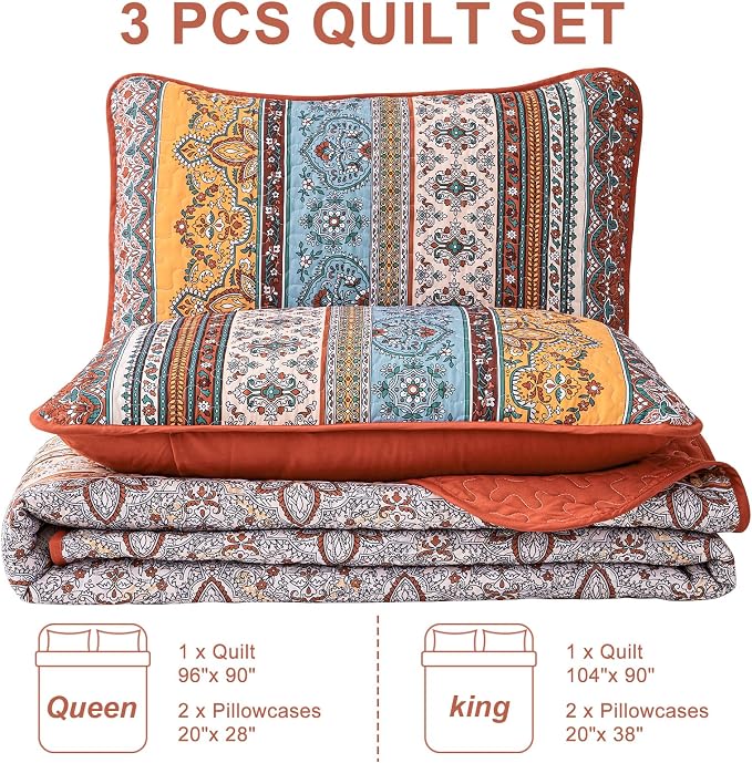 WONGS BEDDING Boho Quilt Queen Size,3 Pcs Bedspread Set, Burnt Orange | Colorful Bohemian Striped Printed Bedding for All Season, Lightweight Microfiber Coverlet Set with 2 Pillowcases(96"x90")