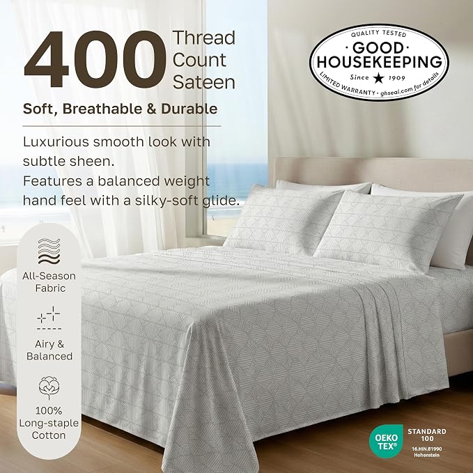 California Design Den Soft 100% Cotton Sateen California King Sheets Set | 400 Thread Count Backed by Good Housekeeping Seal, 16" Deep Pocket, All-Around Elastic, Durable, Easy Care - Sage Print