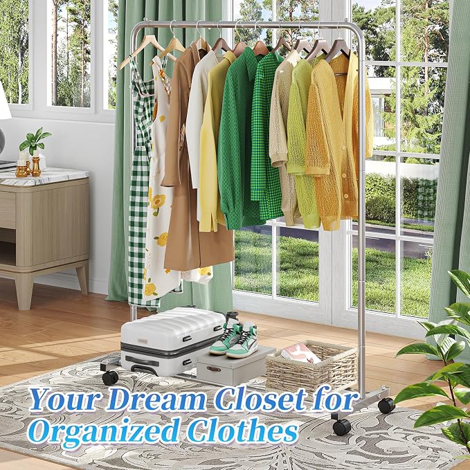 Simple Trending Clothes Clothing Garment Rack, Clothes Organizer, Silver | Storage Shelves, 360° Lockable Wheels, Anti-Slip Stoppers, Bedroom, Laundry Room
