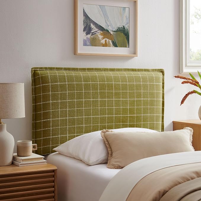Modway Camille Twin Size Checkered Linen Blend Plaid Headboard with Removable Slipcover – in Artichoke Windowpane Check - Padded Pillow Style Headboard with Adjustable Mounting for Twin Beds