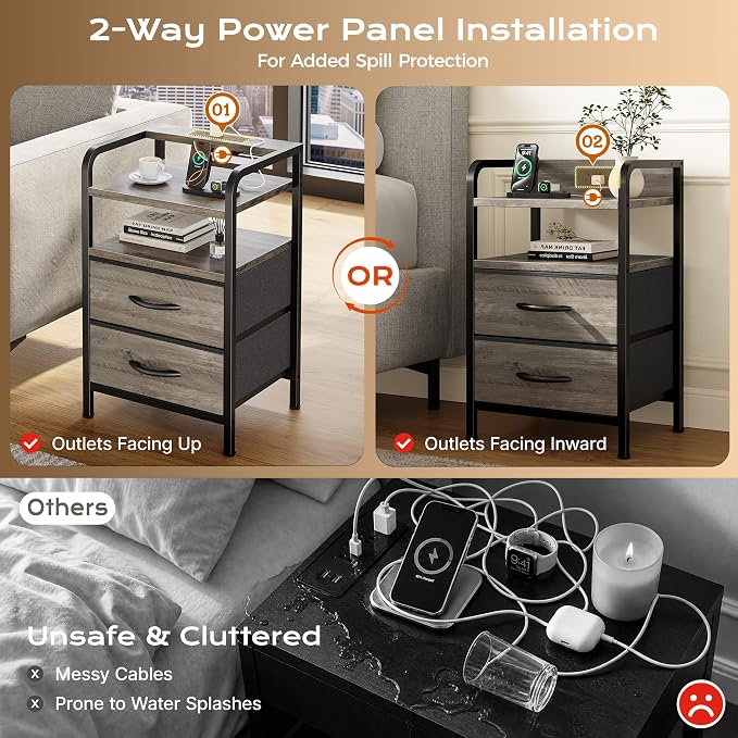 Huuger Nightstands Set of 2, Night Stand, Charging Station, USB-C Ports | 2 Drawers Bed Side Table, Open Shelf, 2-Way Power Panel Installation, End Table for Bedroom, Oak