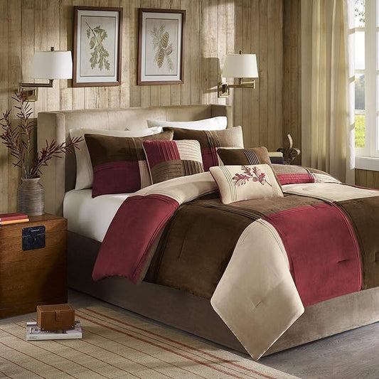 Madison Park Casual Blocks Comforter Set, 7PC Cal King Bedding Set | All Season, with Comforter, Shams, Bed Skirt, Decorative Pillows, Red Brown, Red