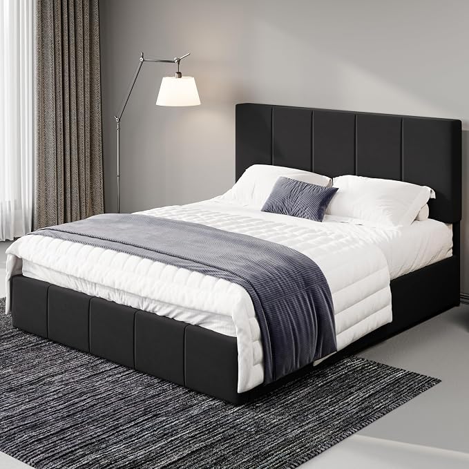 Allewie Full Size Dutch Velvet Upholstered Platform Bed Frame/Vertical Channel Tufted Adjustable Headboard/Low Profile Bed Frame/No Box Spring Needed/Easy Assembly/Black