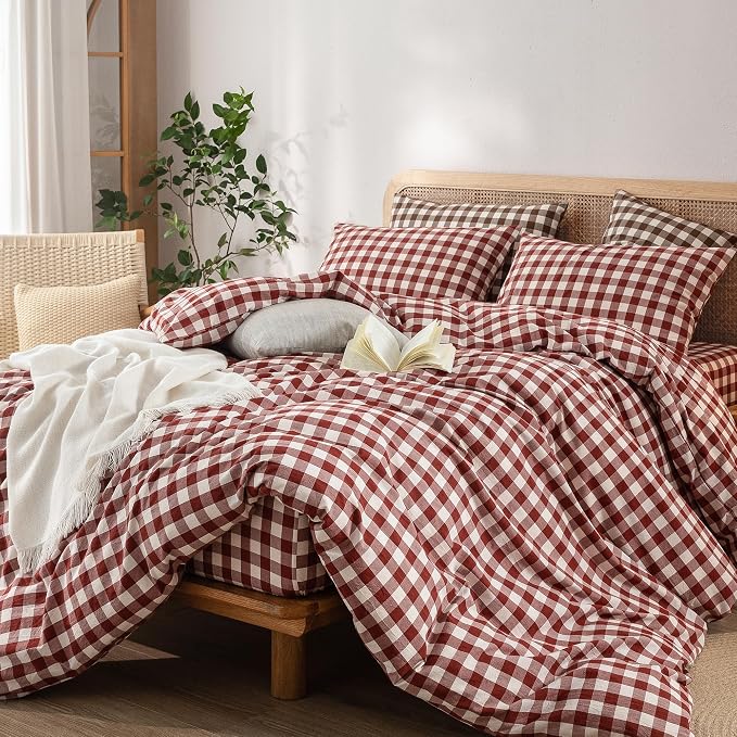 BESTOUCH Gingham Cotton Duvet Cover Set Fired Brick Red Twin | Washed Cotton, Linen Feel, Soft Wrinkle Texture, Hidden Zipper, 8 Ties, Breathable Lightweight Durable Comfy, 2 Pcs No Insert