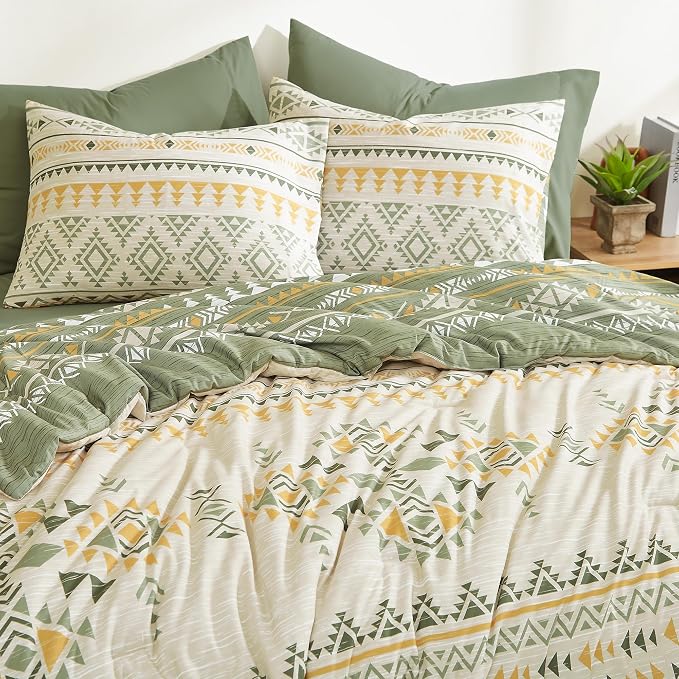 King Size Comforter Set - 7 Pieces Western Bedding Reversible Bed in a Bag | Boho Bedding, All Season Aztec Bed Set with Comforter, Sheets, Pillowcases & Shams, Olive Green