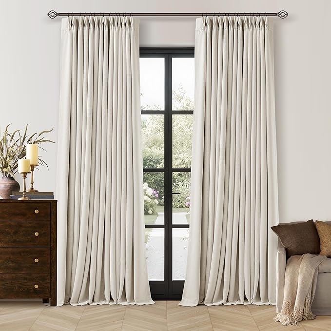 TWODRAPES 90 Inch Pinch Pleated Blackout Linen Curtains 2 Panels Natural | Memory Trained, 100% Black Out Room Darkening, Soundproof, Cream Bedroom Window Curtains Double Layer, Pinch Pleat Drapes