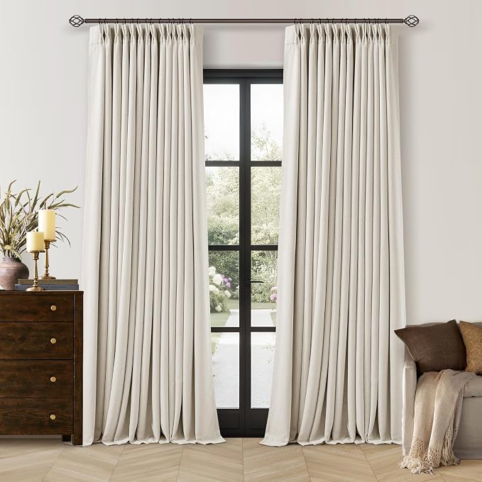 100 Inch Blackout Linen Curtains Pinch Pleated Back Tab Dual Layer W40xL100 | Thermal Insulated, Room Darkening 100% Black Out Curtains, for Sliding Glass Door Bedroom Living Room Window, 2 Panels