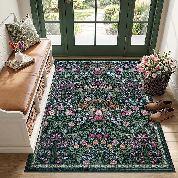 PLHXFR Area Rug Living Room: 3x5 Floral Washable Boho Carpet Dark Green | For Bedroom Dining Room Farmhouse Nursery Hallway,Vintage Floral,Machine washable,Non Slip,Stain Resistant,Large Indoor