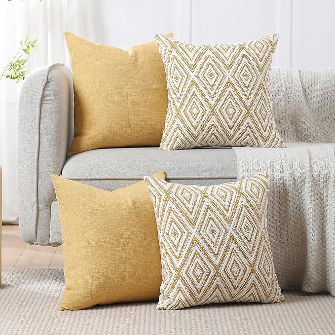 HPUK Throw Pillow Covers 20x20, 4 Pack, Ochre Textured Couch Pillow Covers | Polyester fabric, patterned and solid designs, hidden zippers, machine washable, for sofas and beds, inserts not included