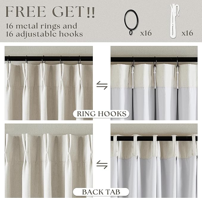 Natural Linen Pinch Pleated 100% Blackout Curtains 80 Inches Long 2 Panels | Two Layer Drapes with Liner, Thermal Insulated, Cream Blackout Drapes for Bedroom Living Room, Pinch Pleat with Back Tab