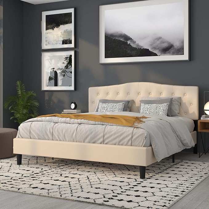 Flash Furniture Cambridge Button Tufted and Diamond Stitched Upholstered King Size Headboard in Beige Fabric