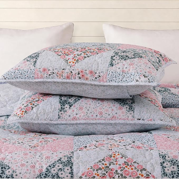 Twin/Twin XL Quilt Set-2 Pieces Soft Bedding Floral Patchwork Coverlet | All Seasons Lightweight Quilts Queen Size, 1 Quilt (66" x 92") and 1 Sham (20" x 26"), Reversible Bedspread, Pink
