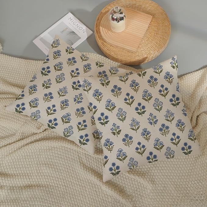 Blue Green Pillow Covers 20x20 Inch 2 Pcs Block Print Vintage Floral Decor Throw Pillows Boho Flower Spring Summer Outdoor Seasonal Decoration Pillowcase Linen Cushion Cover for Couch Sofa