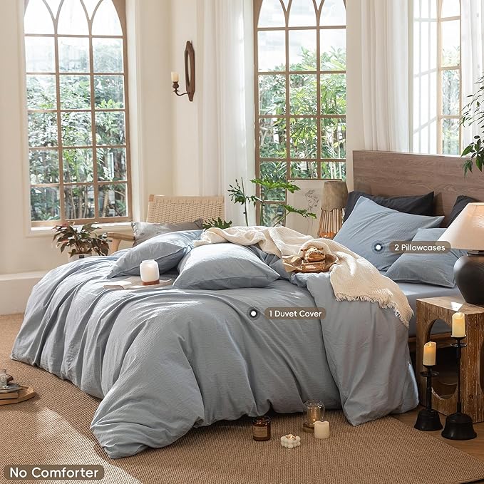 MooMee Wavy Striped Duvet Cover Set 100% Washed Cotton Linen Like Textured Breathable Durable Soft Comfy (Cornflower Blue, Queen 90"x90")