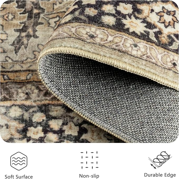 5x7 Area Rugs - Washable Vintage Retro Living Room Rug, Soft Ultra Thin Non Slip Low Pile Traditional Distressed Boho Carpet for Bedroom Dining Room Nursery Home Office, Charcoal Olive