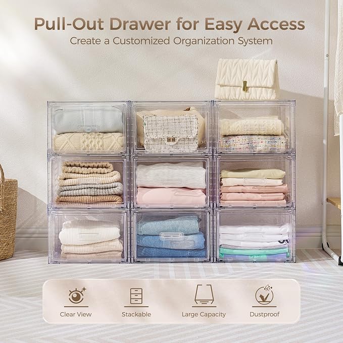 Vtopmart 9 Pack Clear Stackable Storage Drawers 15QT | Easily Assemble Closet Organizers,Plastic Storage Bins for Bathroom,Cabinet,Kitchen Pantry,Under Sink Organization(Medium)
