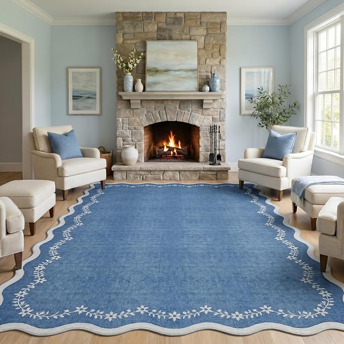GarveeHome 6x9 Scalloped Area Rug Soft Washable Rug for Living Room Bedroom | Soft Blue Low Pile Non Slip Accent Floor Mat Solid Print Throw Rug Indoor Carpet for Dining Room Dorm Playroom