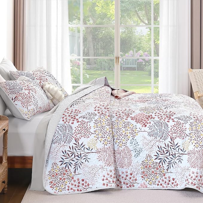 WONGS BEDDINGKing Quilt Set, 3 Pcs Red Blue Floral Bedspread Coverlet | Botanical Print Quilt Set for Spring Summer, Lightweight Microfiber Farmhouse Quilted Bed Cover for Guest Room 110"×90"