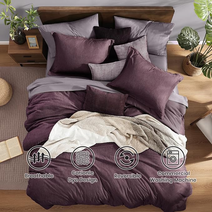 Monbix Super King Comforter Set 7 Pieces Italian Plum Bed in a Bag | Cationic Dyeing Reversible All Season Bedding Sets with Comforter, Sheets, Pillowcases & Shams