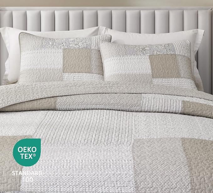 Chezmoi Collection Quinn 2-Piece Neutral Taupe Gray White Floral Hibiscus Flower Candy Stripe Patchwork Quilt Set - Pre-Washed Cotton Coverlet - Lightweight Reversible Bedspread, Twin Size