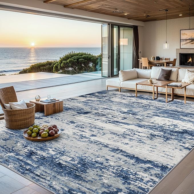 PLHXFR 8x10 Area Rug Living Room: Abstract Washable Carpet Blue Gray | For Bedroom Dining Room Farmhouse Nursery Home,Machine washable,Non Slip,Large Soft Neutral,Stain Resistant, Indoor Floor