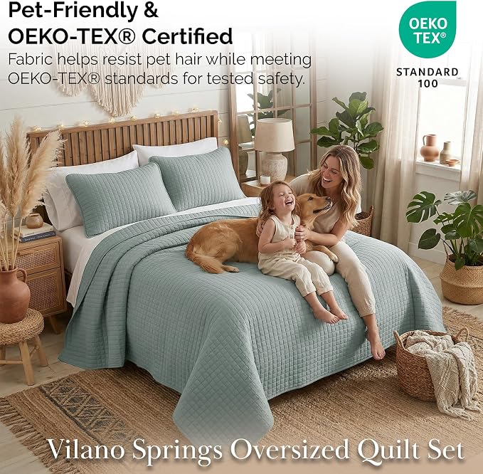 Southshore Fine Living, Inc. Oversized King Quilt Bedding Set, Soft Microfiber, Stain and Pet Hair Resistant Bedding, California/King Size Quilt Coverlet Bedspread Set with 2 Shams, Steel Blue