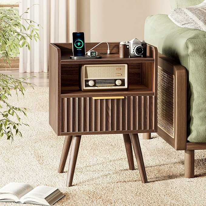 Huuger Nightstand with Charging Station, USB-C Port, End Table | Fluted Night Stand Bedside Table with Drawer, Solid Wood Feet, Open Storage, with Raised Edge, for Bedroom, Walnut