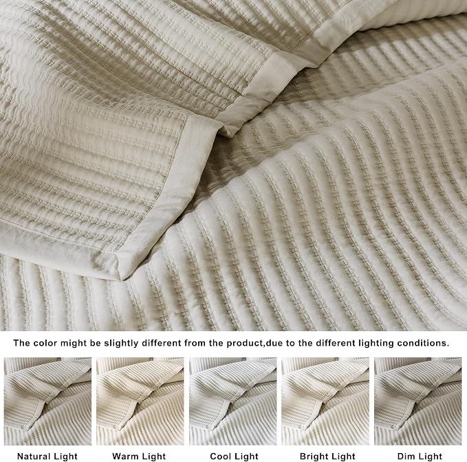 WDCOZY Beige King Size Quilt Set, Striped Pick Stitch Bedspread | Lightweight Soft Channel Coverlet, Spring Summer Thin Comforter, Farmhouse Rustic Country Bedding