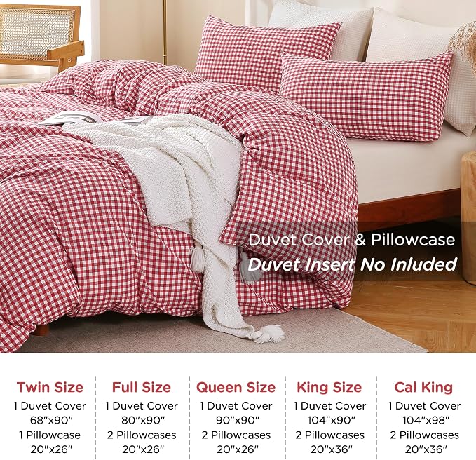 TOCOMOA Red Gingham Duvet Cover Set 100% Washed Cotton Like Linen, Queen | Linen-Like Feel Soft, Breathable & Comfy for All Season. Lightweight Bedding Set with Zipper & 8 Ties. 3 Pcs, No Insert