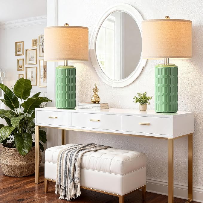 23" Farmhouse Modern Ceramic Table Lamp Set of 2 - Sage Green Bedside Lamps for Bedroom & Living Room, Nightstand, Desk, End Table