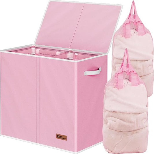 Simple Houseware Double Laundry Hamper with Lid & Removable Bags, Pink | Heavy Duty 600D Polyester, Water-Resistant Surface