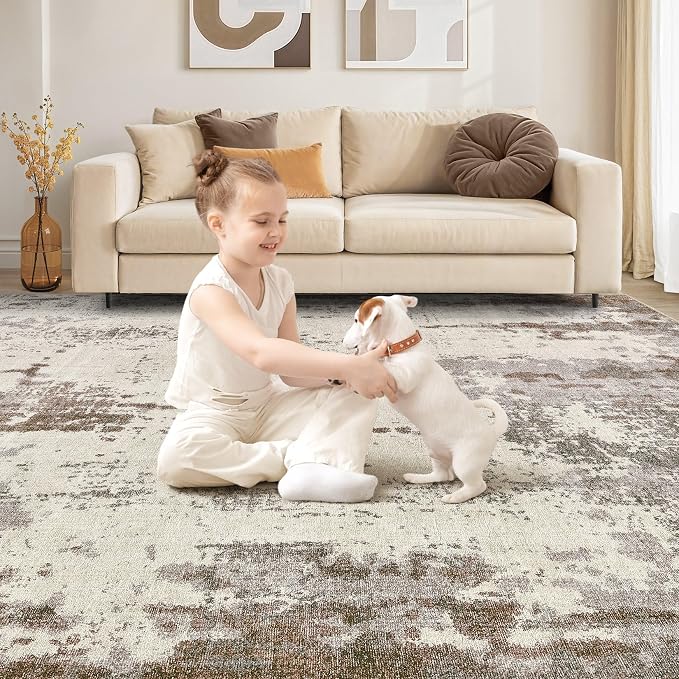 UERMEI 9x12 Washable Area Rug - Neutral Modern Abstract Living Room Rugs, Non-Slip Soft Large Indoor Floor Carpet for Bedroom Home Office & Under Dining Table Decor, Brown/Grey/Beige