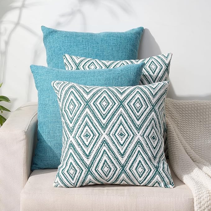 HPUK Throw Pillow Covers 18x18, Set of 4, Aqua Blue Couch Pillow Covers | Polyester fabric, patterned and solid designs, hidden zippers, machine washable, for sofas and beds, inserts not included