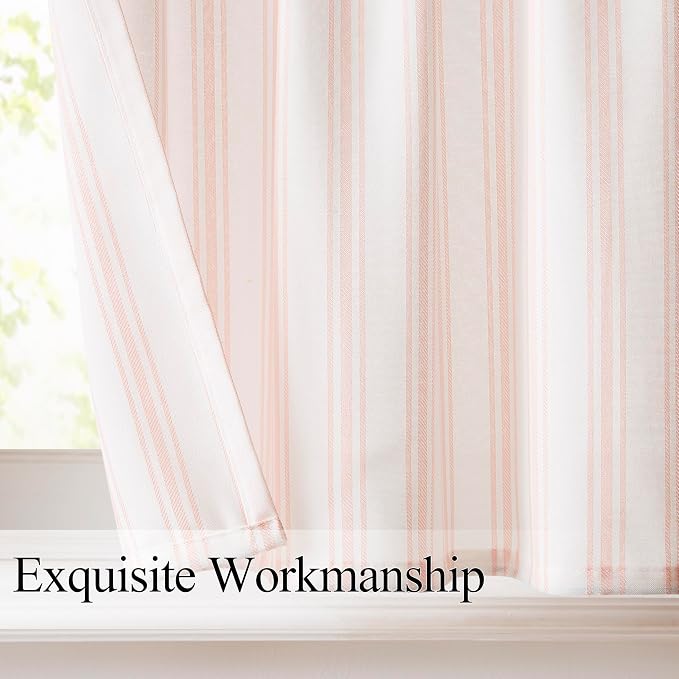 ZJDECOR Pink Striped Light Filtering Tier Kitchen Curatins,27" Wx45 Lx2 | Cafe Curtains,Semi Sheer,Rod Pocket,Cotton Blended Tier,Farmhouse Style,Bathroom RV Window Treatment