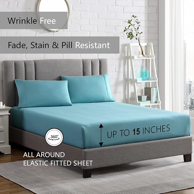 American Home Collection California King Sheet Set - Ultra-Soft Microfiber 15-Inch Deep Pocket - Wrinkle Free and Fade Resistant (Aqua Blue)