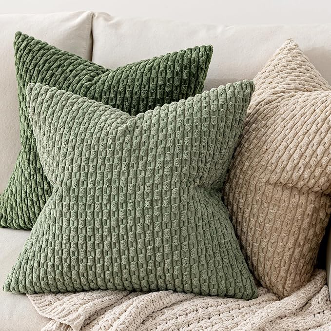 MIULEE Euro Sham Decorative Throw Pillow Covers 24x24 Sage Green Corduroy | Textured Striped Pack of 2 Striped Pillow Covers Modern Farmhouse Home Decor for Couch Bed Sofa Living Room