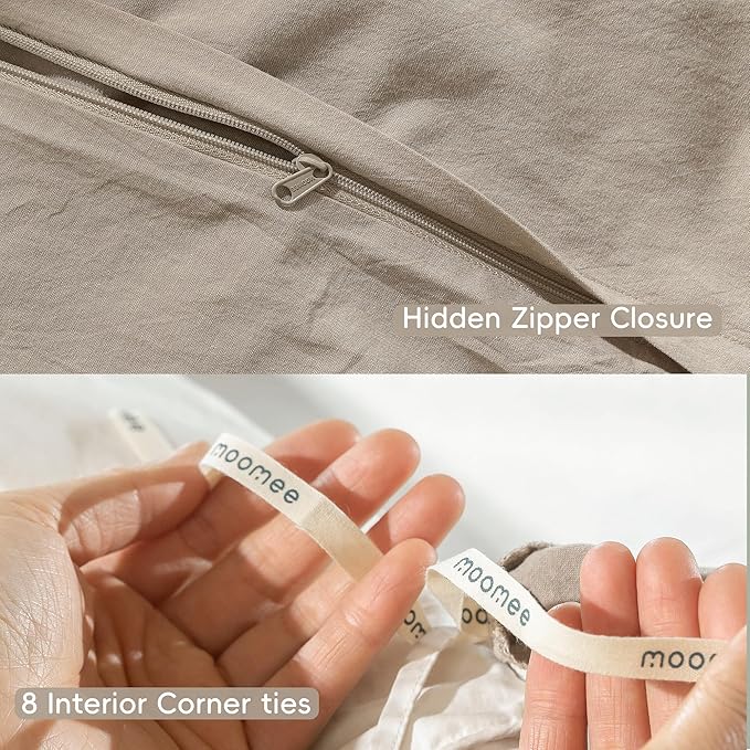 MooMee Duvet Cover Set 100% Washed Cotton Linen Like Oversized Full | Relaxed Linen-like Texture. Soft, Breathable & Long-lasting Comfort. Lightweight. Hidden Zipper with 8 Interior Corner Ties