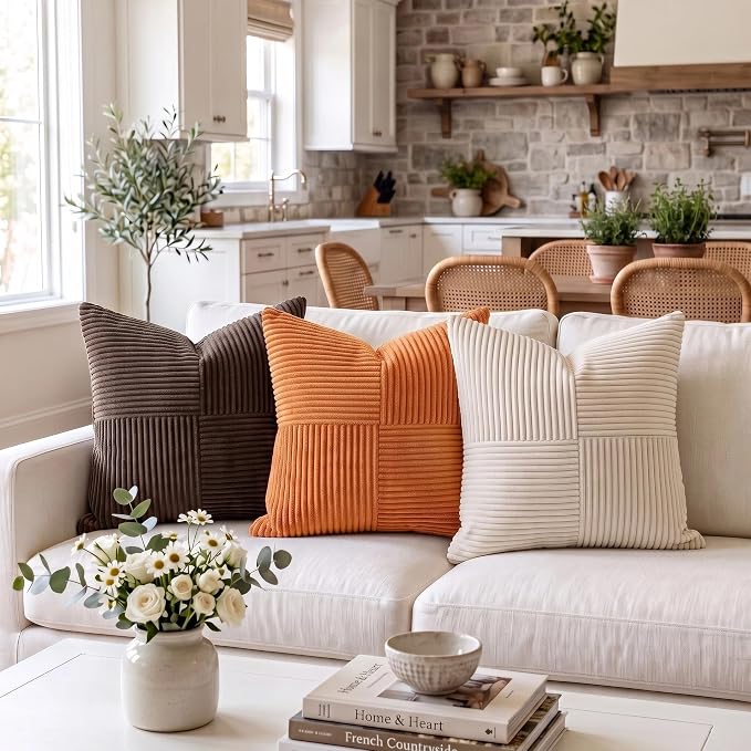 Fancy Homi 2 Packs Orange Samll Fall Decorative Throw Pillow Covers 14x14 Inch with for Couch Bed Sofa, Farmhouse Boho Home Decor, Soft Corss Patchwork Corduroy Square Cushion Case 35x35 cm