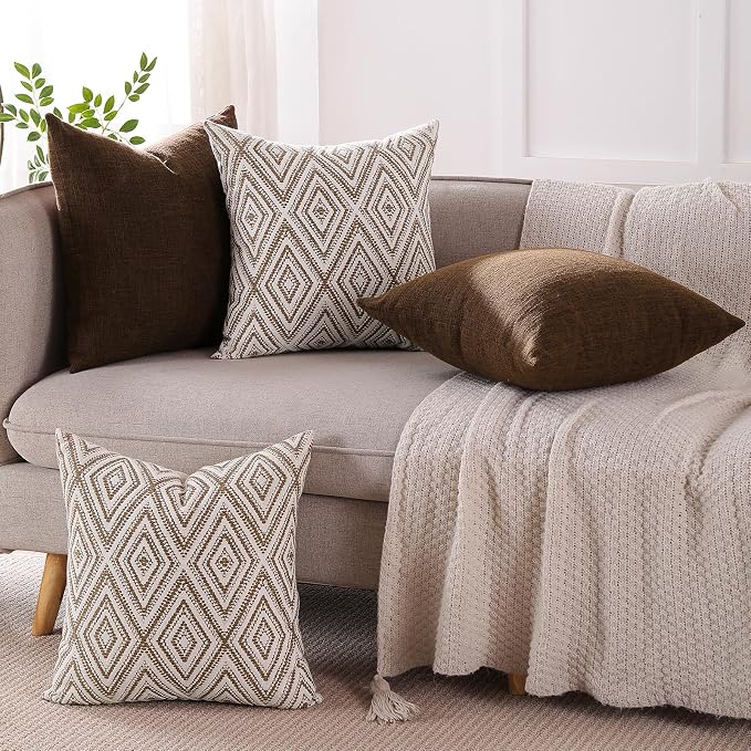 HPUK Throw Pillow Covers 18x18, Set of 4, Chocolate Couch Pillow Covers | Polyester fabric, patterned and solid designs, hidden zippers, machine washable, for sofas and beds, inserts not included