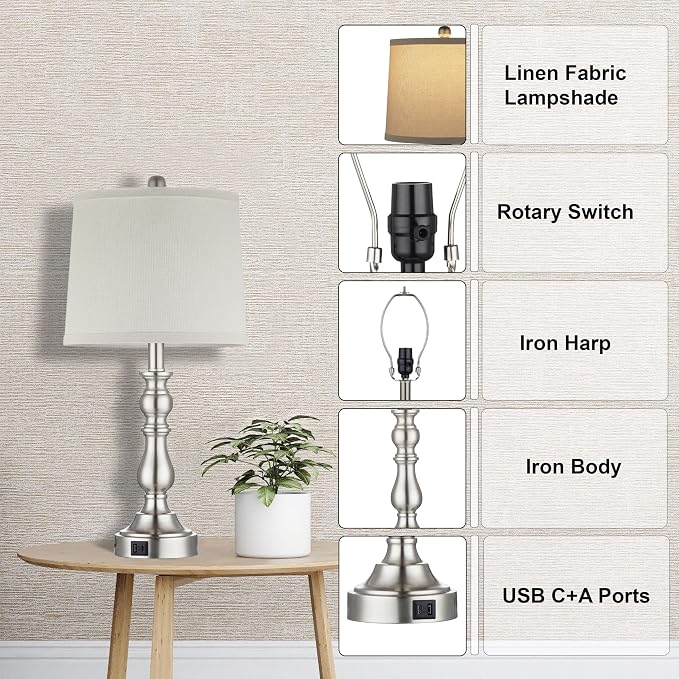 23'' Table Lamps Set of 2, Lamps for Bedroom, USB C+A Ports, Silver | Bedside Lamps with 3 Color Temperatures, Knob Switch, Lamps for Living Room, Office, Night Stands, End Table, Bulbs Included