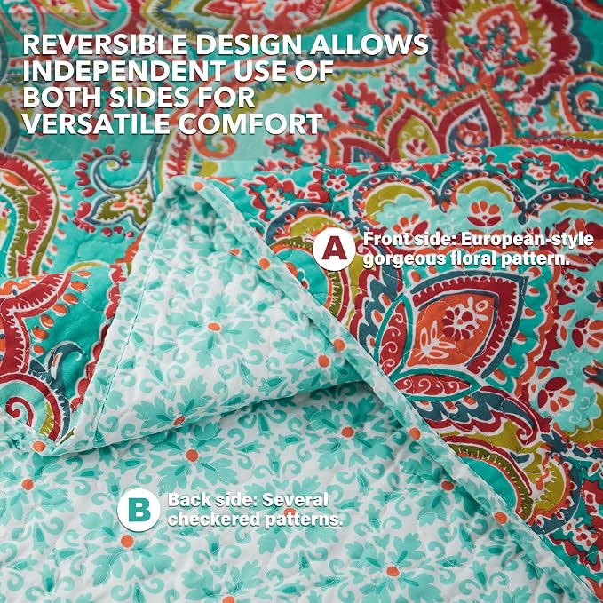 Cotton Bedspread Quilt Sets-Reversible Patchwork Coverlet Set, European Gorgeous Floral Pattern, Twin Size