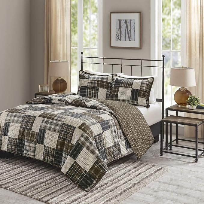 Madison Park Reversible Quilt Cabin Lifestyle Plaid Design - All Season, Breathable Coverlet Bedspread Bedding Set, Matching Shams, Timber Black/Brown King/Cal King(104"x94") 3 Piece | Diamond Quilted, Reversible Coverlet Set, Plush Cotton Filled, Ligh...