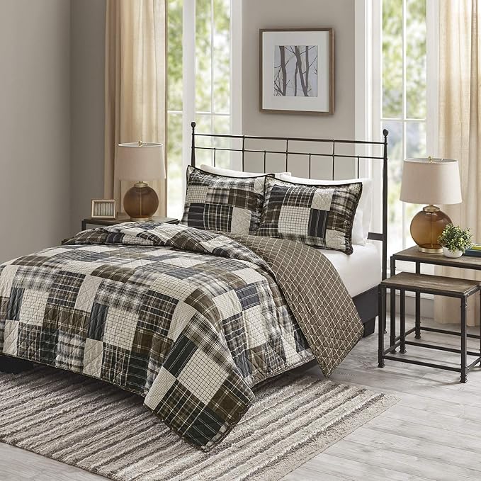 Madison Park Reversible Quilt Cabin Lifestyle Plaid Design - All Season, Breathable Coverlet Bedspread Bedding Set, Matching Shams, Timber Black/Brown Full/Queen(90"x90") 3 Piece | Diamond Quilted, Reversible Coverlet Set, Plush Cotton Filled, Lightwei...