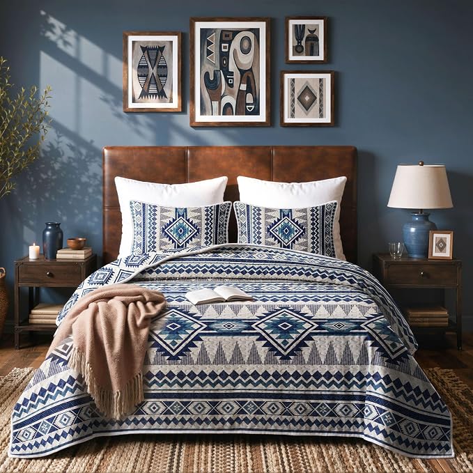 akkialla Reversible Blue Boho Queen Quilt Set, 2-Piece Bohemian Aztec Microfiber Bedspread, Soft Lightweight All-Season Coverlet (1 Quilt, 2 Shams)