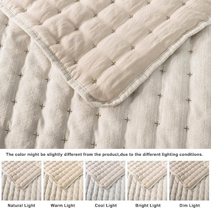 WDCOZY Beige Cloud Quilt Set King Size, Lightweight Soft Cross Stitch Bedspread, Textured Like Linen, Farmhouse Rustic Country Coverlet, Spring Summer Thin Comforter, 3 Pieces, 104x90 inches