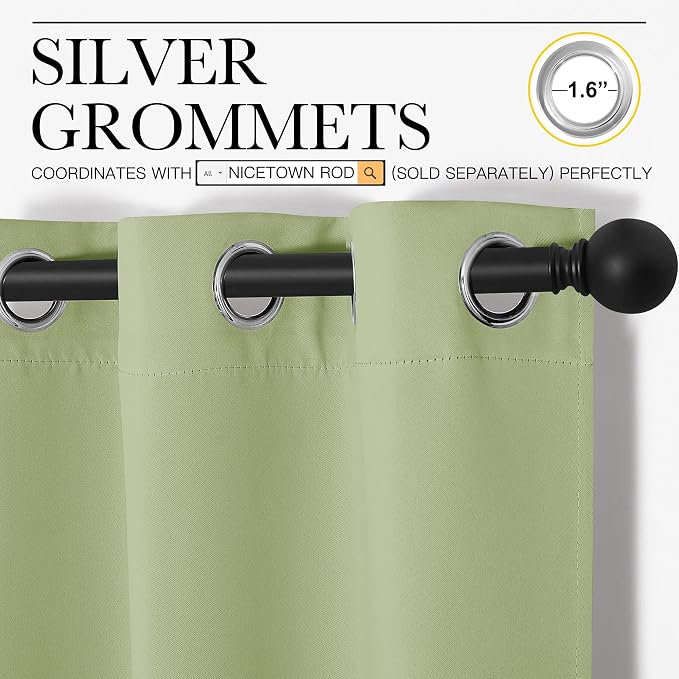 NICETOWN Nursery Curtains 63 inch Long, Thermal Insulated & Room Darkning Curtains with Grommet Top, Light Sage Green Draperies for Son's Room, Kitchen, 1 Pair, W42 x L63 in per Panel
