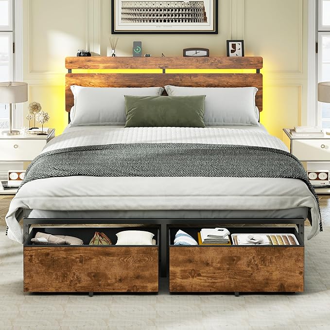 Forestell Full Size Bed Frame with Wood Headboard,2 Storage Drawers & Shelf | Built-in Charging Station & LED Lights, Metal Support, No Box Spring Needed, noise-free, easy assembly, Smart RGB, USB+Type-C