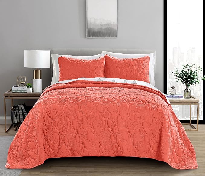 Pure Bedding Quilt Set King/Cal King/California King Size Coral - Oversized Bedspread - Microfiber Coverlet - Includes 1 Quilt and 2 Shams, Ocean Star Pattern